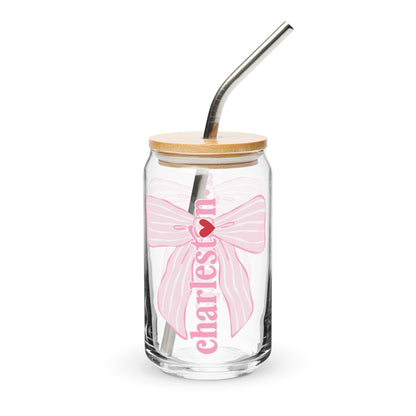 Charleston SC Pink Stripes Bow Glass Can - miles to shore
