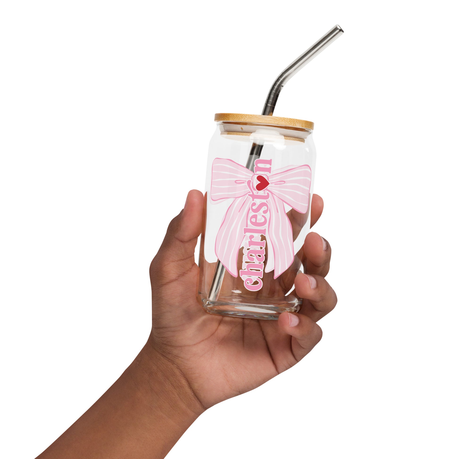 Charleston SC Pink Stripes Bow Glass Can - miles to shore