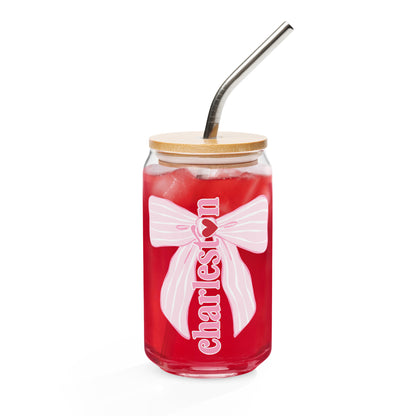 Charleston SC Pink Stripes Bow Glass Can - miles to shore