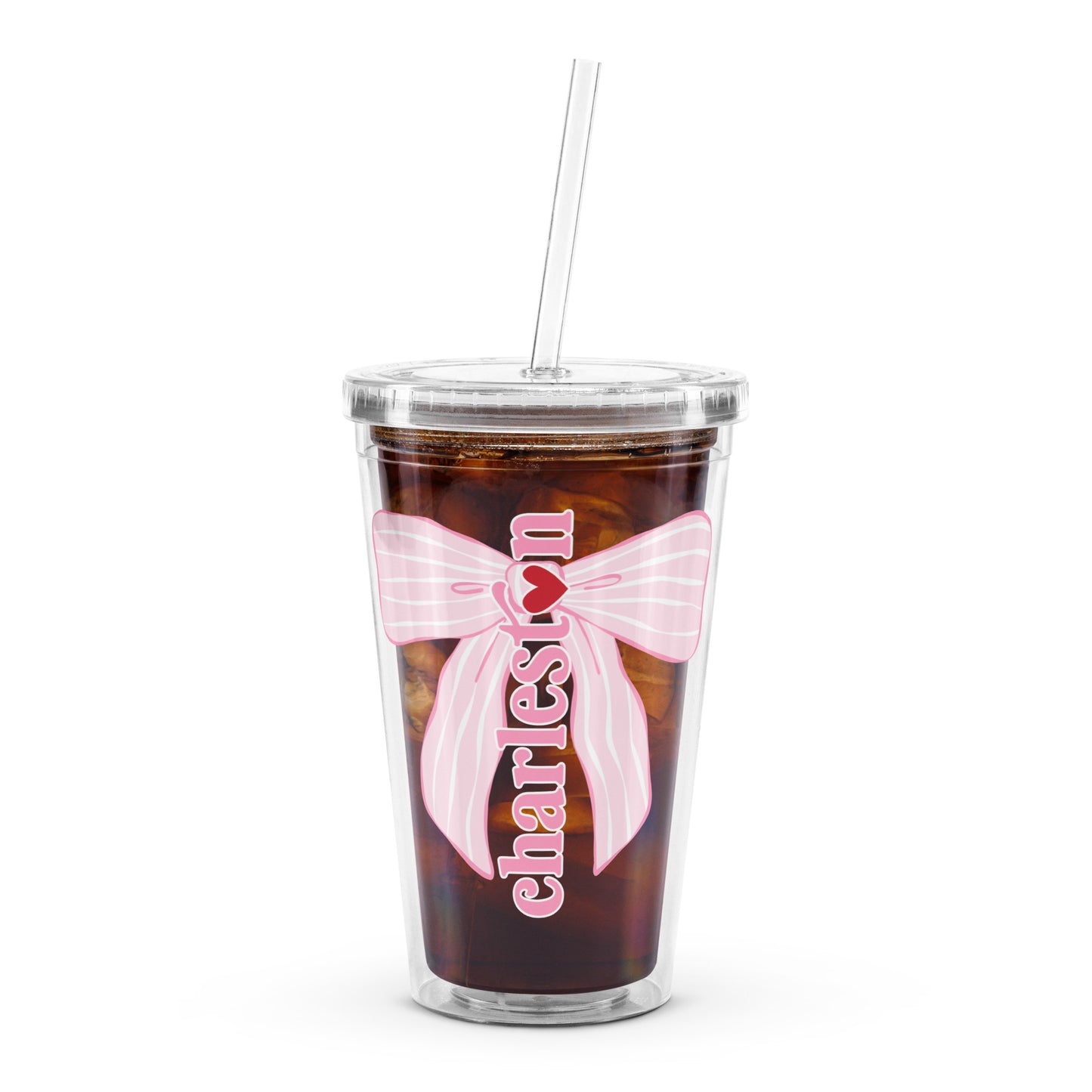 Charleston SC Pink Stripes Bow Clear Plastic Tumbler